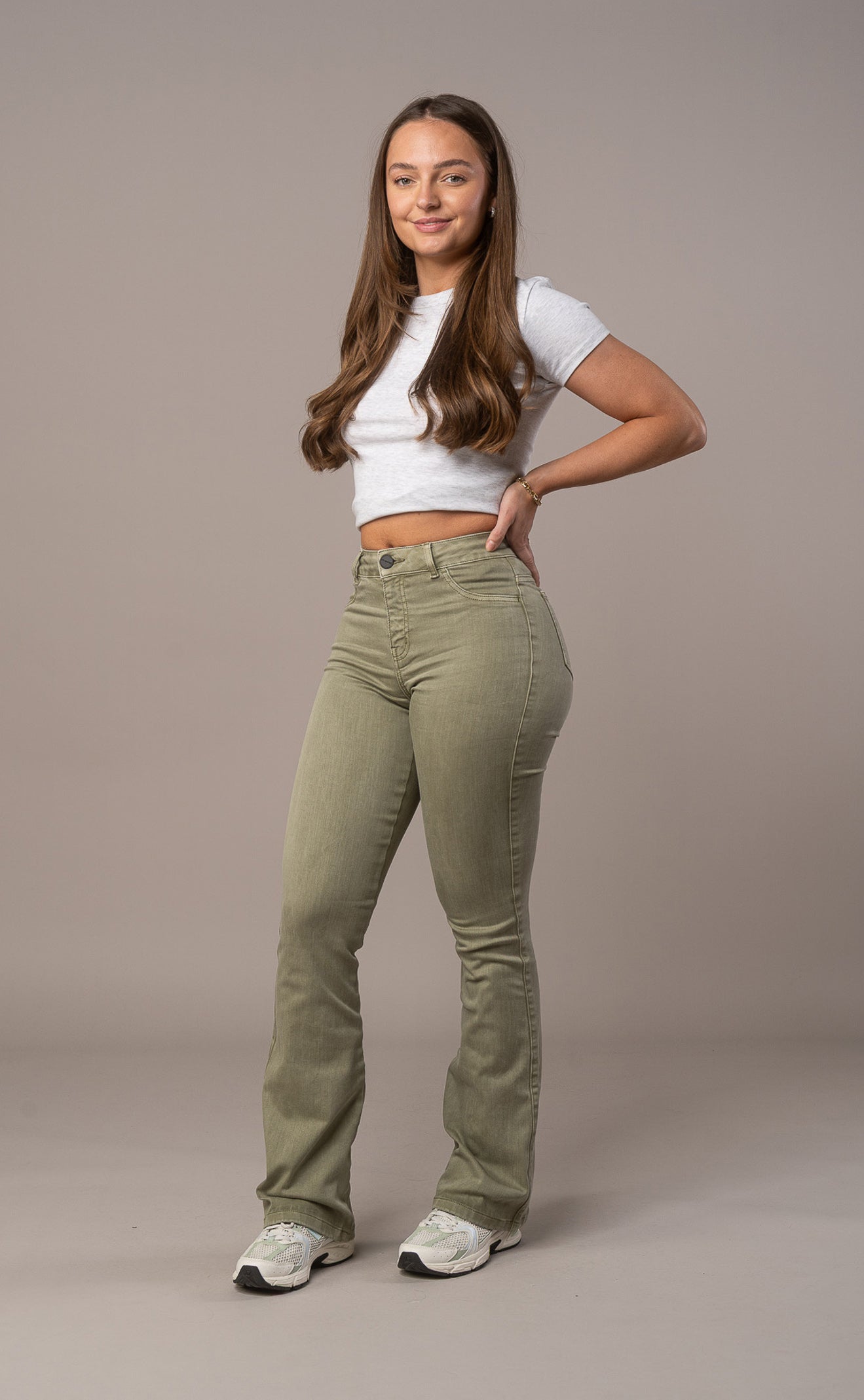 Womens Pastel Flared Mid Waisted Fitjeans - Khaki Pastel Flared Mid FITJEANS