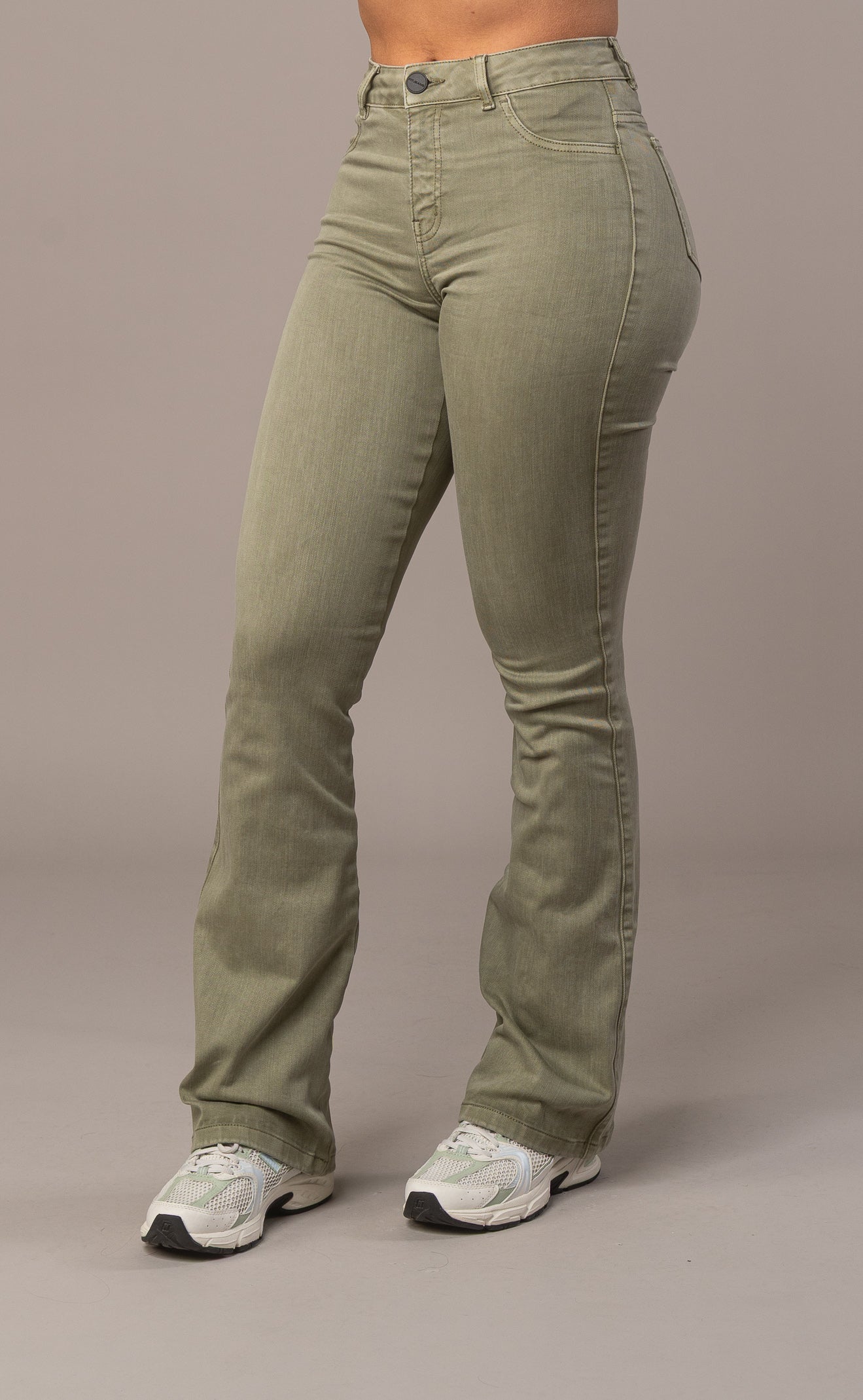 Womens Pastel Flared Mid Waisted Fitjeans - Khaki Pastel Flared Mid FITJEANS