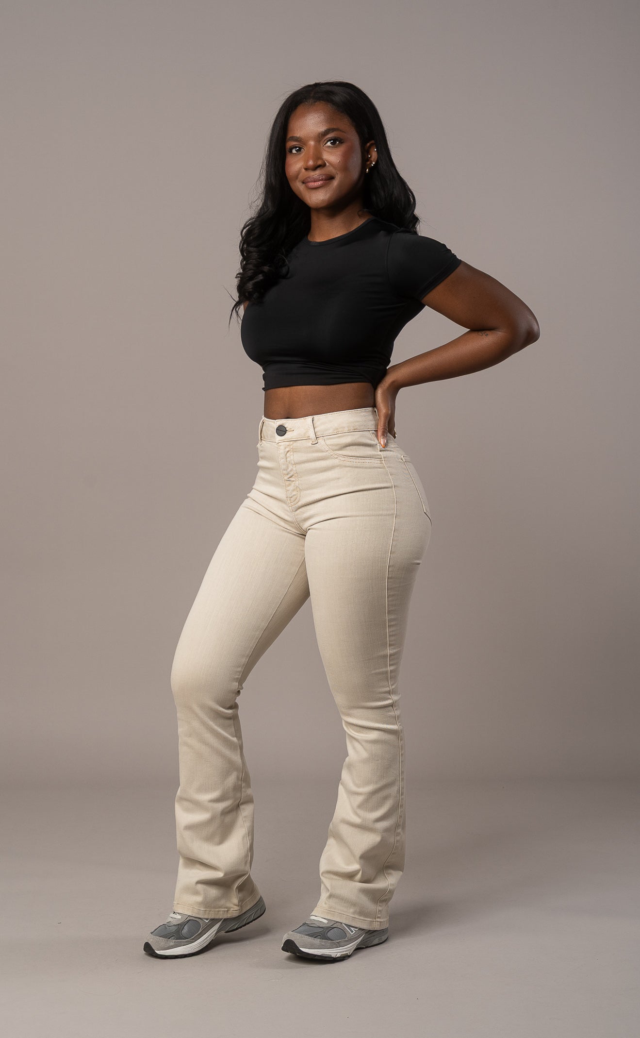 Womens Pastel Flared Mid Waisted Fitjeans - Sand Pastel Flared Mid FITJEANS