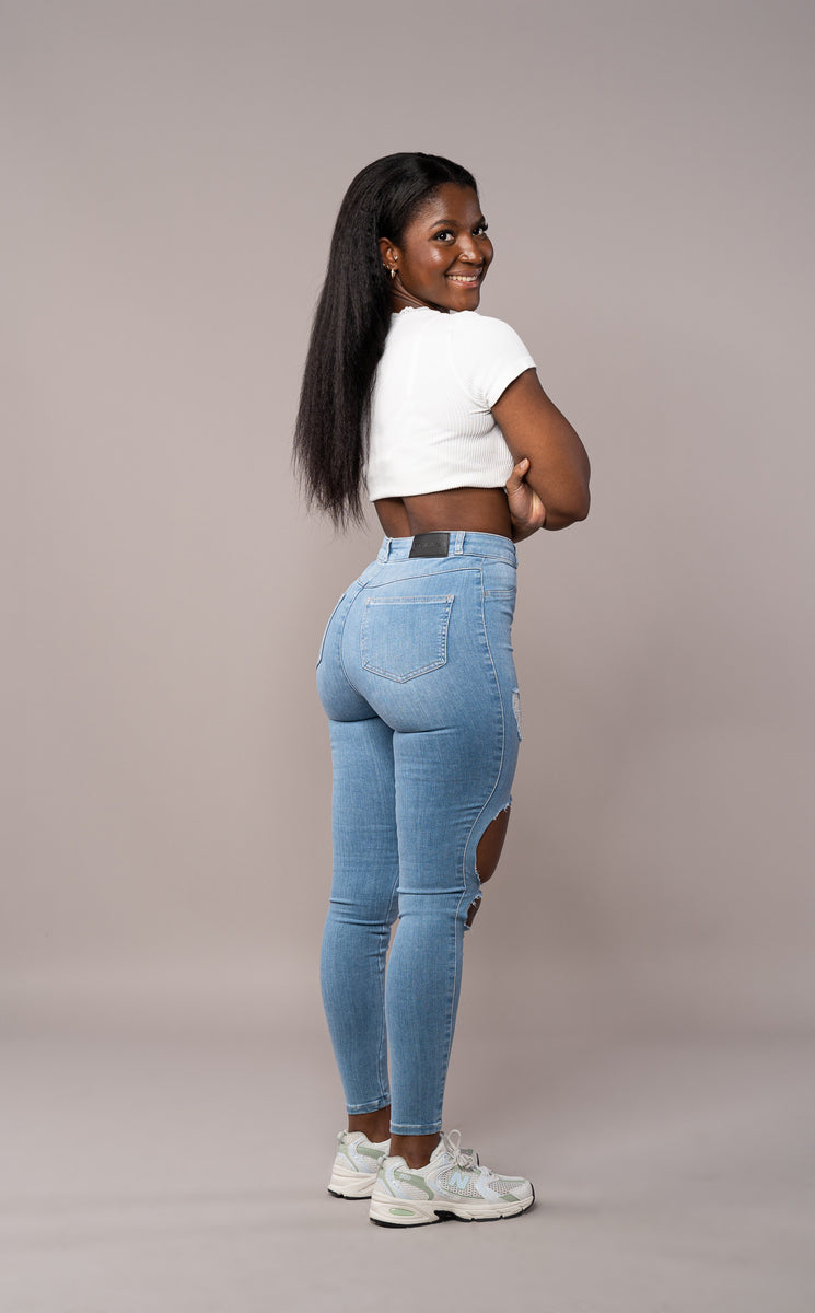 Ripped high rise super skinny jeans sales