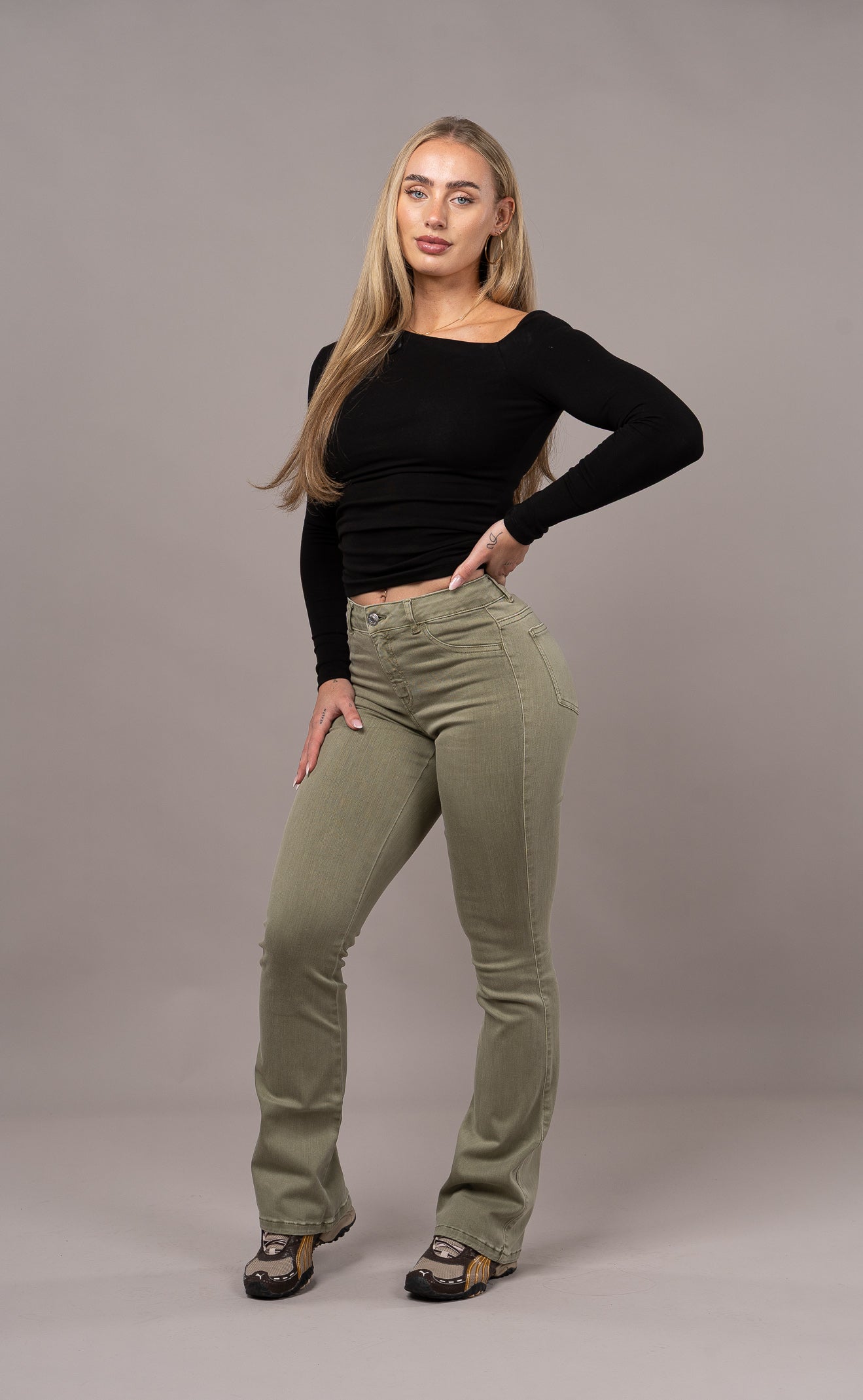 Womens Pastel Flared Mid Waisted Fitjeans - Khaki - FITJEANS