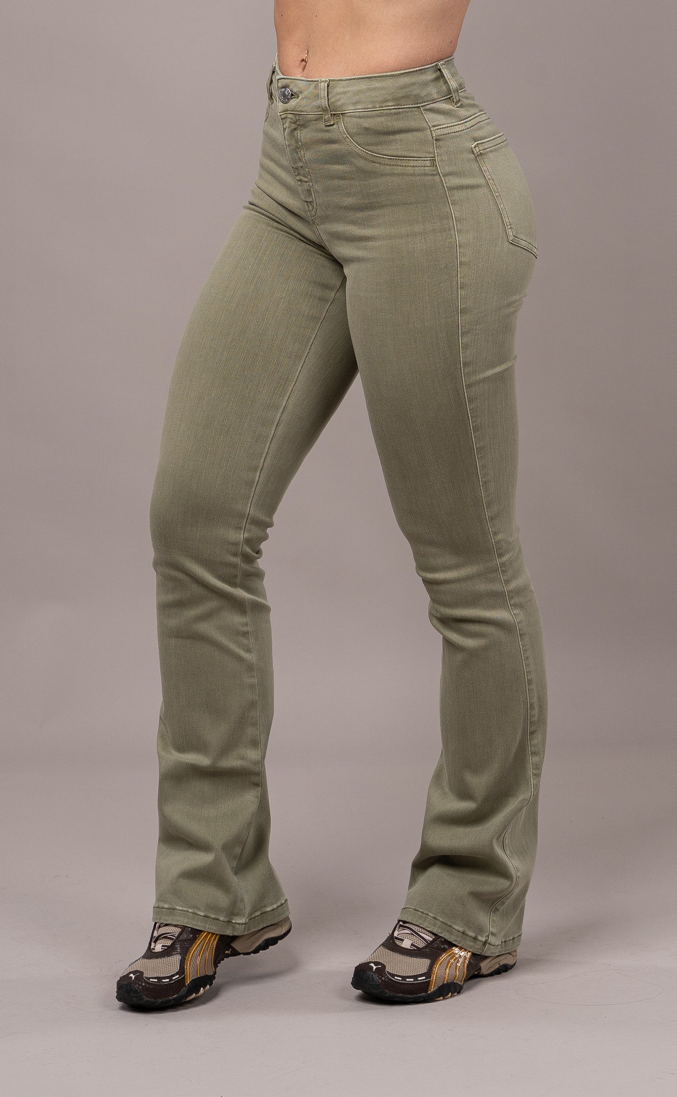 Womens Pastel Flared Mid Waisted Fitjeans - Khaki - FITJEANS
