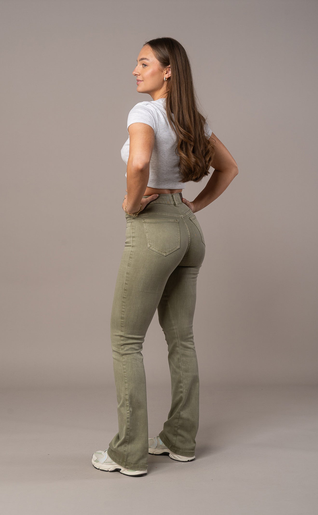 Womens Pastel Flared Mid Waisted Fitjeans - Khaki Pastel Flared Mid FITJEANS