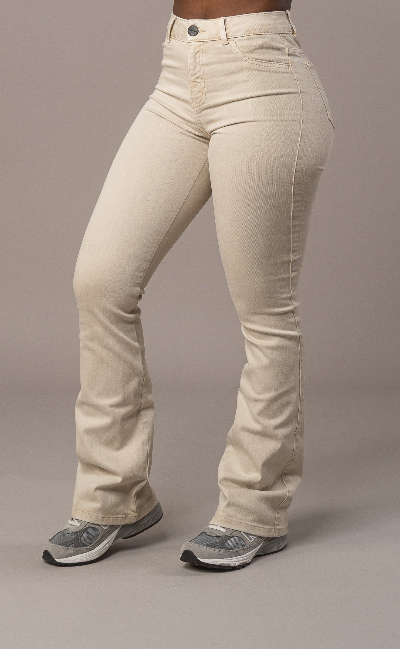Womens Pastel Flared Mid Waisted Fitjeans - Sand Pastel Flared Mid FITJEANS