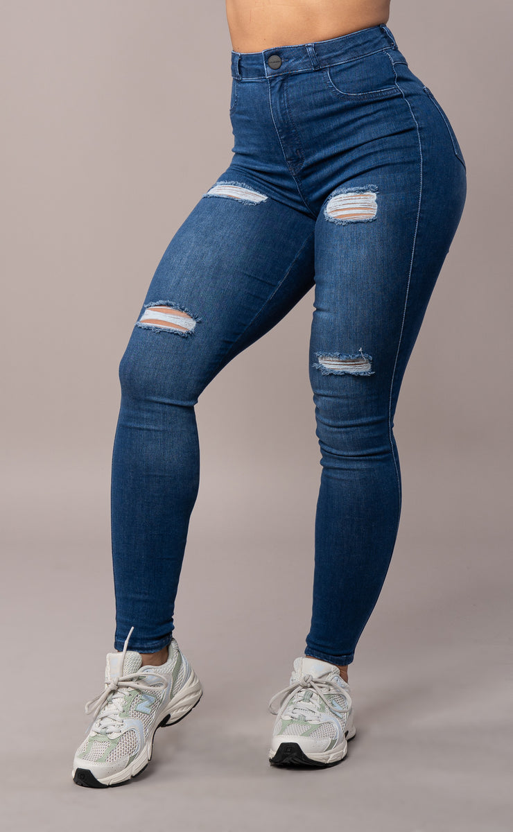 Womens Regular V2 4 Hole Ripped High Waisted Fitjeans - Azure Blue