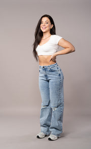 Womens Baggy Ripped Fitjeans - 80s Blue
