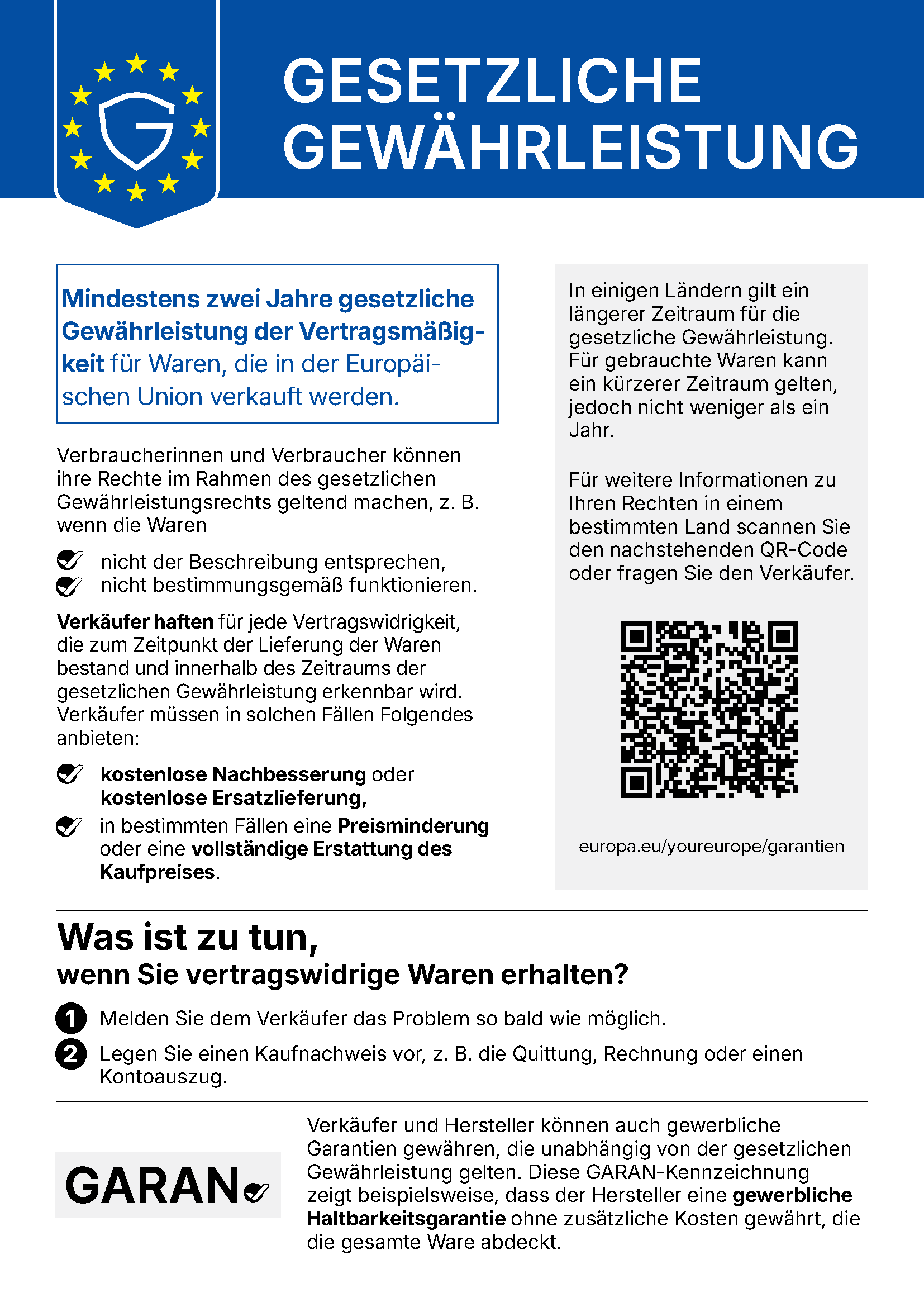 Amtlicher EU-Hinweis zur gesetzlichen Gewährleistung
